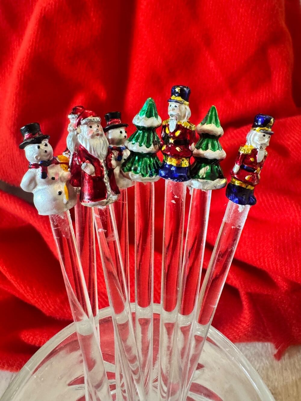 Vintage Holiday Christmas Swizzle Sticks (8) Snowman Santa Soldier & Xmas Tree